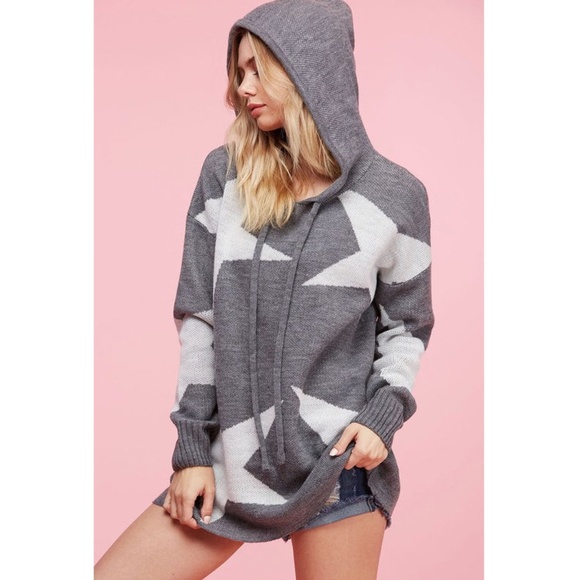 Sweaters - Gray White Star Hoodie Sweater Knit Tunic Top